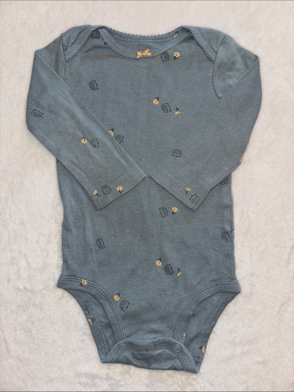 (3 for $10) Carters blue Long-Sleeve One-Piece Bodysuit with hedgehog flowers